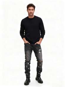 Men Jeans Boys Stretch Slim Fit Skinny Pants Splash Ink Graffiti Ripped Patch Casual Denim Trousers For Spring Summer European  Brand Durable Stain Resistant Comfortable Lightweight Fashionable Streetwear - 黑色 - 查看 2