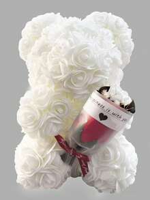 1 pieza Oso de peluche con rosa artificial blanca - Oso de rosa esponjoso y duradero con flores rojas acentuadas, elegante decoración de mesa para el hogar, decoración de sala de estar/dormitorio de moda, regalo versátil para el Día de San Valentín, Día de la Madre, Día del Padre, Navidad y ocasiones especiales - Multicolor - Ver 8