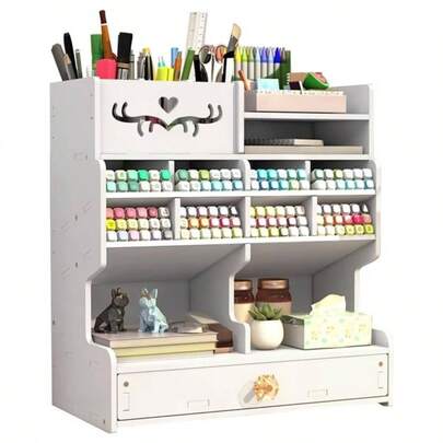 Desk Organizer With Drawer, White Large Capacity Pen Holder Box, Desktop Stationary Storage Rack Office, School And Home White D