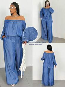 Conjunto casual de 2 piezas para mujer de talla grande con blusa de manga farol hombros descubiertos y pantalón de pierna ancha en unicolor, ropa de otoño - Azul - Ver 6