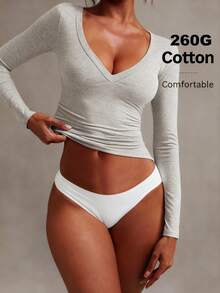 XLLAIS 女士柔软舒适休闲长袖V领T恤，灰色，弹力棉面料 - 淺灰色 - 查看 2