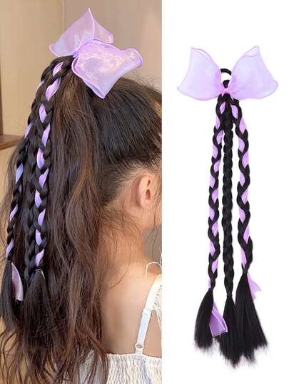 1 Pc 18 Inch Natural Black Three-Strand Braid With Colorful Ribbon, Synthetic Fiber Braided Hair, Girl's Braided Ponytail Extension, Sweet And Cool Cute Little Braid Suitable For Daily Wear, Christmas Gift(Ribbon Colors: Pink, Sky Blue, Purple)