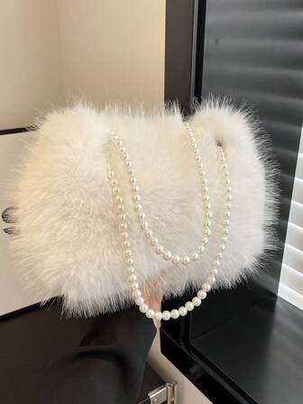 新款秋冬多功能毛绒手提包，优雅大容量双珍珠链条肩背包，休闲户外旅行度假购物手提包，轻便通勤腋下包，日常办公必备