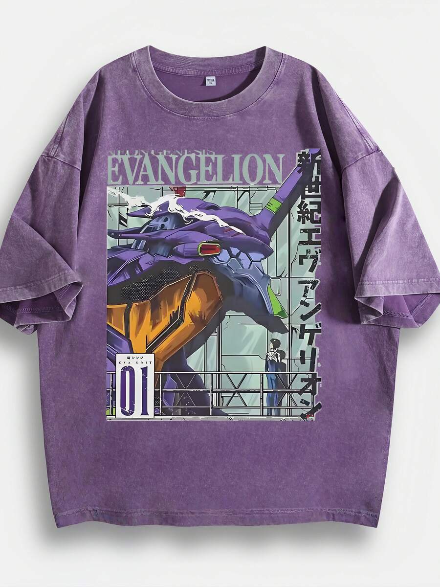 Washed T-Shirt Unisex | Retro Mecha Graphic | Anime Print Short Sleeve - Màu tím 02 - Xem 1