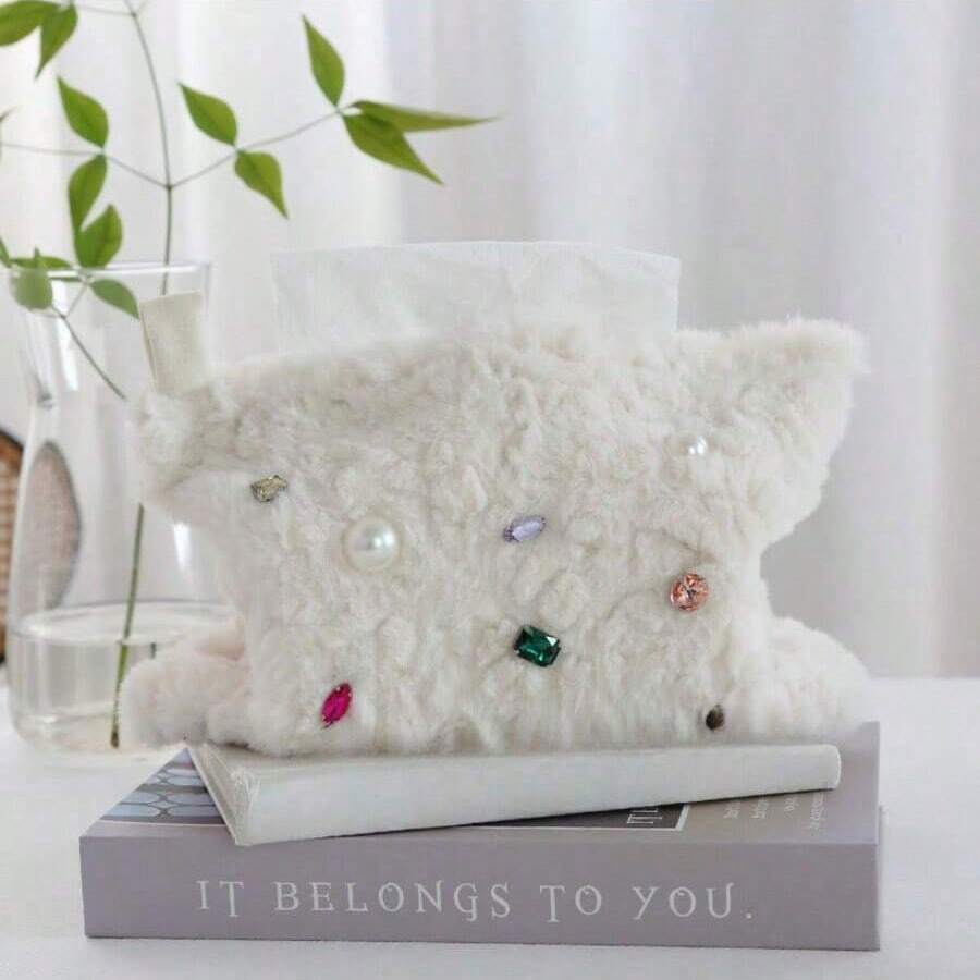 Caja de pañuelos de lujo con pedrería de felpa para la sala de estar y el dormitorio - Elegante accesorio decorativo suave, bolsa y dispensador decorativo para almacenamiento de pañuelos de papel, funda elegante para caja de pañuelos para el hogar, ornamento acogedor para mesas y escritorios, accesorio decorativo para el hogar que se puede regalar, perfectamente coordinado con interiores contemporáneos, mejorando la luz ambiente con textura de felpa, construcción para uso diario, fácil acceso a los pañuelos, colocación versátil en mesas de centro, aparadores, mesitas de noche y escritorios de tocador, regalo ideal para inauguración de casa y ocasiones especiales - Caja de pañuelos - Ver 1