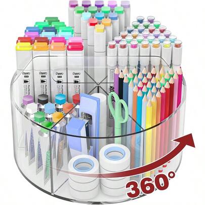 Acrylic Pen Holder And Pencil Organizer 360Degree Rotating Caddy For Desk Art Supply Organizer