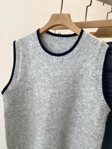 Layered Knit Sweater Vest With Contrast Trim, Preppy Fall Look For Thanksgiving & Christmas - Grey - View 3
