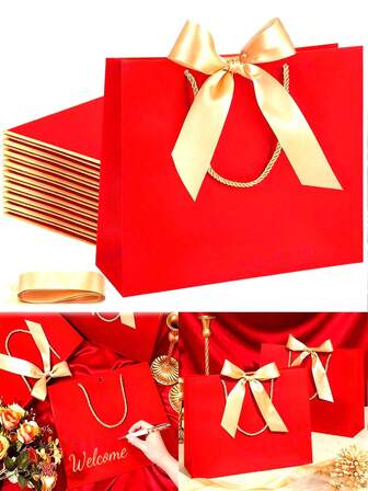5个红色礼品袋，配金色蝴蝶结——适合各种场合的送礼