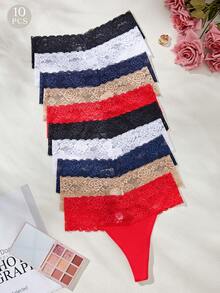 10PCS Calcinhas femininas de cor sólida, sexy, básicas, cintura baixa, fio dental, patchwork, transparente, renda floral, tanga, lingerie (vermelho, azul, damasco, preto, branco, 5 cores)