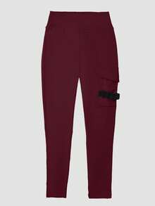 Y2K High Waist Elastic Waistband Flap Pocket Yoga Sports Skinny Cargo Pants, Summer Women Spring - Burgundy - View 6