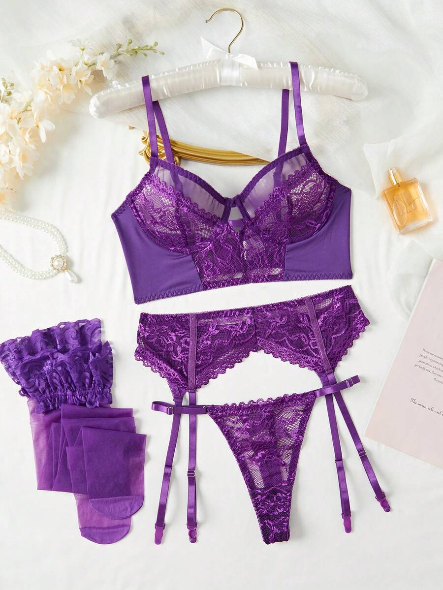 4-Piece Sexy Series Hollowed Out Straps Lace Bow Ladies Sexy Underwear Set,Christmas Lingerie,Christmas Lingerie Women,Lingerie For Women,Lencería Erótica De Mujer,Lingerie Set,Christmas Outfit Women,Lingerie For Women Roleplay,Lingerie For Women>Costume,Sexy Lingerie - Màu tím đậm - Xem 1