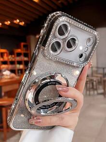 Luxury Shiny Sequin Camera Rhinestone Ring Holder Gradient Glitter Electroplated Phone Case, Compatible With IPhone 17 Pro Max Air 16 15 14 13 12 Pro Max Mini, For Girls And Women, Orange, Silver, Pink Holder Phone Case - Silver - View 2