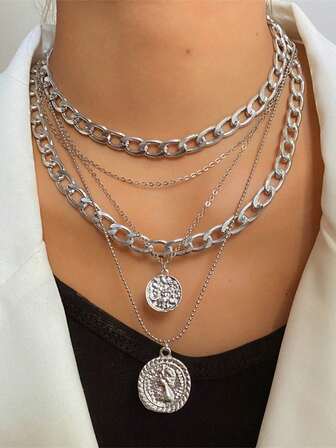 1 pièce Collier pendentif rond en métal multicouche exagéré de style mode européen et américain, chaîne élégante pour la clavicule pour femmes