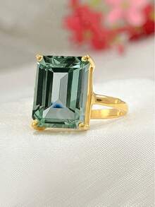 1枚女士简约四爪方形绿色锆石订婚戒指，婚礼、周年纪念、情人节、结婚礼物（不含包装盒） - 戒指 - 查看 2