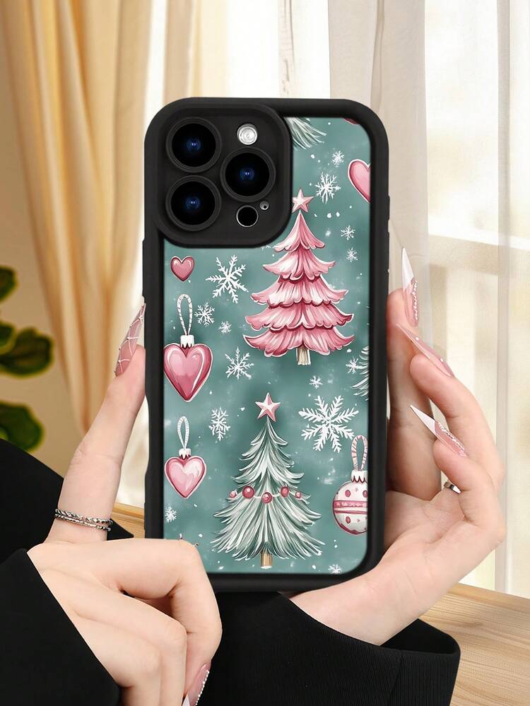 1 pieza Funda de teléfono con diseño de árboles de Navidad en tonos rosados, copos de nieve y adornos en forma de corazón ideal para la temporada navideña y amantes del estilo dulce y festivo TPU soft case, protección completa antideslizante y anti-caída, compatible con iPhone17 ProMax/16/15/14/13/12/11/Plus/Pro/ProMax, compatible con Galaxy A34/A35/A54/A55, Galaxy S20/S21/S22/S23/S24/S25 Ultra/Plus, compatible con Galaxy/Redmi/Honor/OPPO/ViVo - Negro - Añade 1