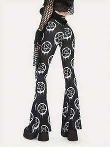 Daerling Women's Gothic Print Leggings - Stretchy Black Pants With White Pentagram Design, All-Season Machine Washable Tight-Fit For Casual & Formal Outfits, Fashionforward Attire, Medium Elasticity - phong cách - Xem 4