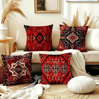 4件套波西米亚风复古黑红抽象几何图案印花柔软舒适涤纶枕套，45x45厘米（17.72x17.72英寸），拉链设计，可机洗，适用于家居装饰、客厅、卧室、花园、办公室、咖啡厅、酒店、户外（仅含枕套，不含枕芯）