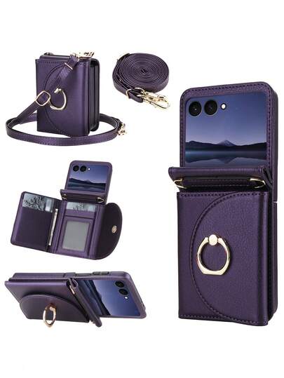 适用于三星 Galaxy Z Flip 7/6/5/4/3/5G 的斜挎 PU 仿皮钱包式手机壳，带卡槽和指环支架，适用于 Galaxy ZFlip7/ZFlip6/ZFlip5/ZFlip4/ZFlip3，带支架功能，RFID 防盗刷保护套