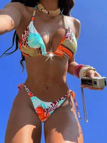 2pcs/Set Cute Summer Swimsuit, Spaghetti Strap Random Ditsy Floral Metal Starfish Decor High Waist Bikini Set, Beach Holiday Vacation - Green and Orange Leopard Print - View 14