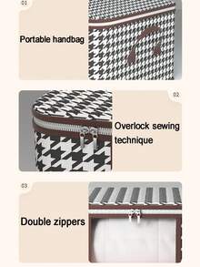 1pc/2pcs Fabric Quilt Storage Bag, Waterproof Moisture-Proof Blanket Organizer Bag, Travel Clothes Packing Cube, Foldable Carry Handle Houndstooth Pattern Large Capacity Storage Bag, Wardrobe Seasonal Clothes Zipper Storage Box, Clean And Tidy - Grey - View 9