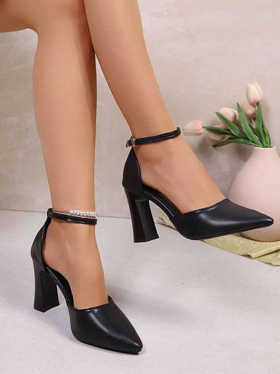 Stiletto la modă cu cataramă pentru femei, cu goluri, tocuri înalte versatile pentru naveta și purtare zilnică - Negru - Vizualizare 1