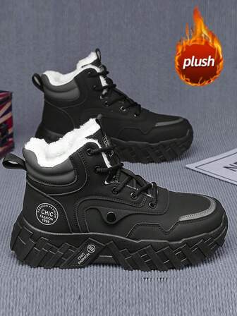 2025 Winter New Men's Boots, Retro Thick Sole Increase Height Leather Boots, Khaki Warm Fur Lining Outdoor Street Fashion Motorcycle Riding Boots, European And American Style Outdoor Travel Desert Boots, Mid-Calf High-Top Boots