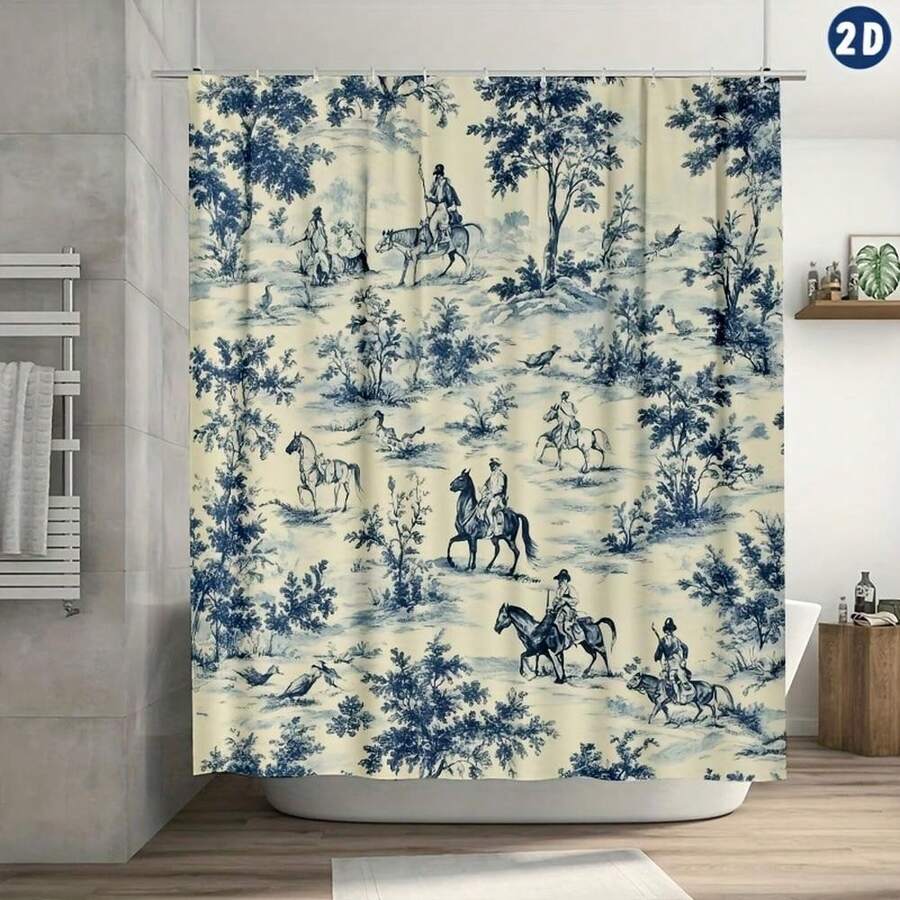 1pc Vintage French Toile De Jouy Shower Curtain - Blue & White Horseback Riders Floral Print, Durable Polyester Fabric, Plastic Hooks, Machine Washable For Bathroom, Bathtub & Window Home Decor - Nhiều màu - Xem 1