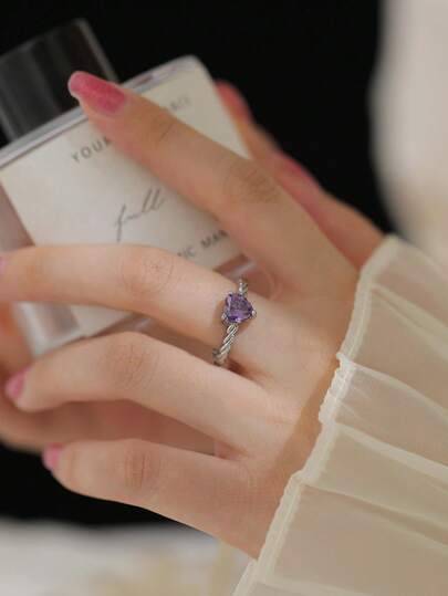 Tkool 1個 紫色ジルコニアハート型リング、日常着用に適しています