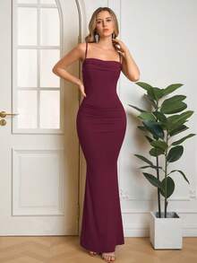 PARTHEA Women's Elegant Ruched Solid Color Mermaid Hem Bodycon Formal Dress - Burgundy - View 6