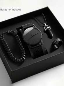 4/1 Set, Reloj de cuarzo de negocios minimalista de moda para hombres con pantalla de puntero, reloj de lujo con diseño de esfera simplista, juego de joyería de 3 piezas que incluye collar, pulsera y anillo, adecuado para negocios, reuniones, fiestas, mantenimiento de la hora y como regalo para diversas ocasiones