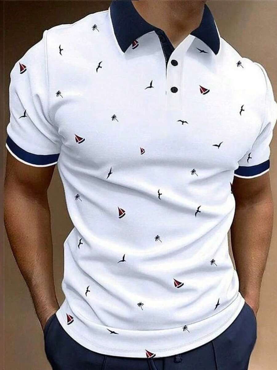 Men's Geometric Print Golf Shirt, Outdoor Casual Short Sleeve Shirt For Summer, 100% Polyester, Stretchy Fabric, Comfortable And Relaxed - White - View 1