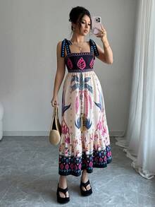 Women's Casual Temperament Beach Bohemian Long Dresses With Positioned Floral Patterns, Spaghetti Straps And Tie Strings, Suitable For Vacation, Travel, Summer Wear, And Valentine's Day Elegant - Multicolor - View 1
