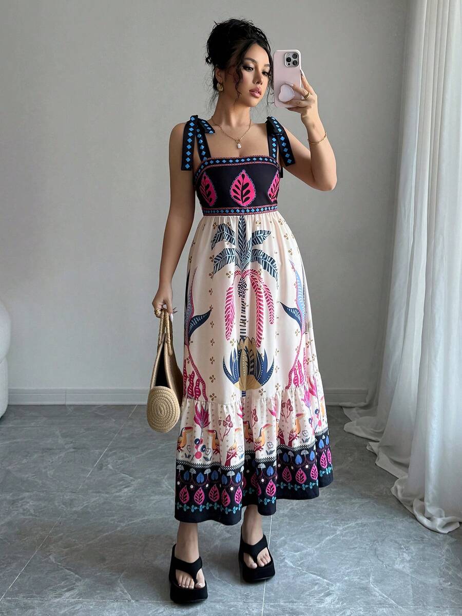 Women's Casual Temperament Beach Bohemian Long Dresses With Positioned Floral Patterns, Spaghetti Straps And Tie Strings, Suitable For Vacation, Travel, Summer Wear, And Valentine's Day Elegant - Multicolor - View 1