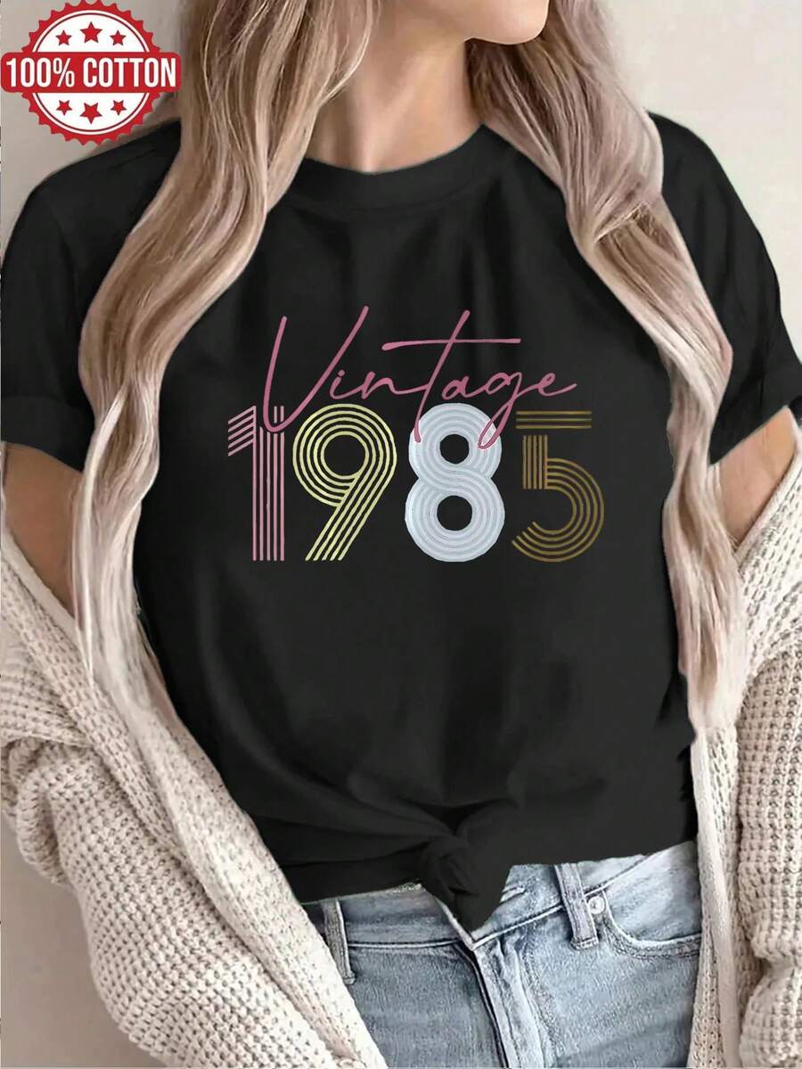 1PC 100% Cotton Vintage 1985 Graphic Print Casual Short Sleeve TShirt Lady Cotton Tee Tops,Soft And Breathable Blouse,Women's TShirt - Negro - Ver 1