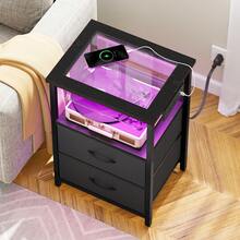 Tomnk 2 Drawers Night Stand With Charging Station & Glass Top, LED Nightstand With Enhanced Glow For USB Ports And Outlets, Bedside Table With 2 Fabric & PU Drawers, Modern End Table - View 4