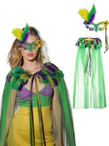 Ensemble de costume de carnaval - Masque de mascarade en plumes et jupe en tulle vert avec ceinture en plumes, masque en plumes pour femme, ensemble de demi-masque en dentelle dégradé, masque de mascarade, accessoires de costume d'Halloween, accessoires de robe de fête - Multicolore - Voir 1