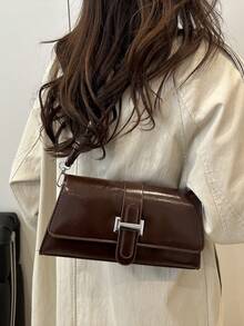 Bolso de hombro elegante minimalista de unicolor y estilo retro - Marrón Chocolate - Ver 4