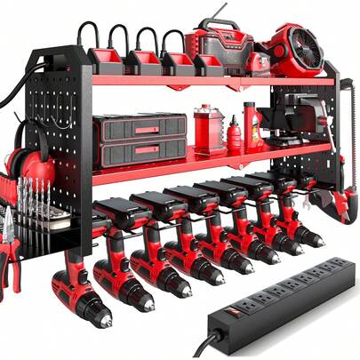 Power Tool Organizer With Charging Station Wall Mount, Built In 8 Outlet Surge Protection Power Strip, Drill Holder Wall Mount, Heavy Duty Metal Power Tool Storage Rack For Garage Organization Red