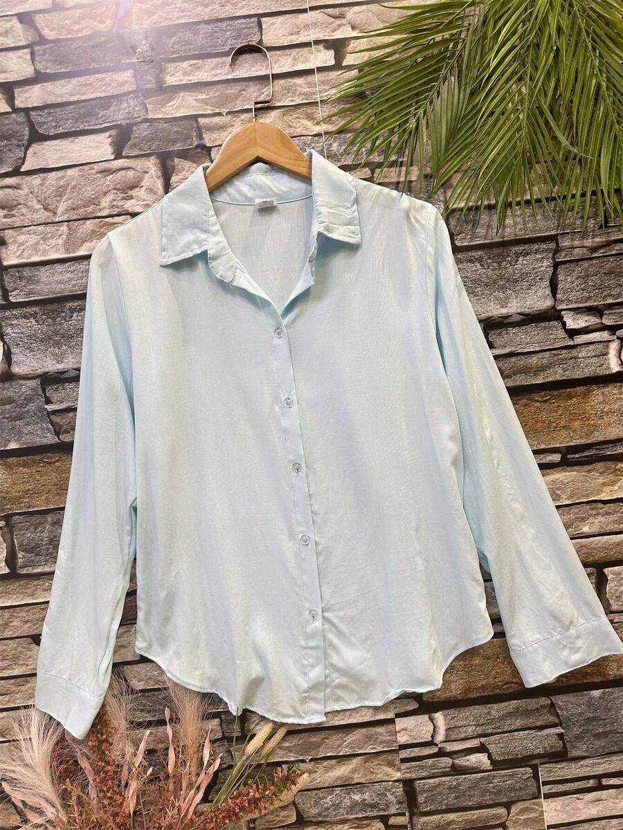 Women's Long-Sleeved Shirt Made Of Beautiful Viscose Fabric. - 淺蘭 - 查看 1