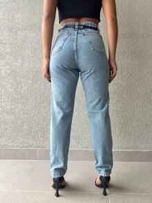 Kissmelady 015 With Belt, Women's Mom Jeans, No Elastane, Real Pockets, Plain, No Rips - 015#cor media com cinto - 查看 2