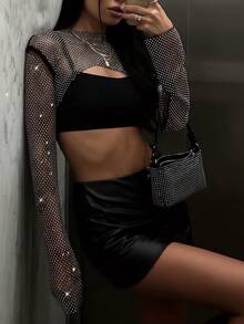 Sexy Shiny Fishnet Rhinestone Long Sleeve Sheer Crop Top (No Camisole) For Party/Nightclub - Black - View 1