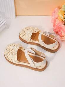 1 Pair Girls' Open Toe Sandals, Featuring Lace-Up Elements, Made Of Soft PU Material, Low-Top Design With Hook And Loop Closure, Flat Style, Natural And Fresh, Suitable For Daily Wear And Short Trips - Beige - View 6