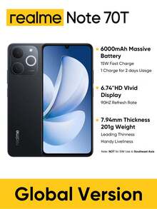 Realme Note 70T 4G 解锁手机 4GB+64GB/4GB+128GB/4GB+256GB 全球版 4G LTE，Android 15 智能手机，50MP AI 摄像头，90Hz 显示屏手机加光，6000mAh 大容量电池，15W 快速充电，八核芯片，无适配器