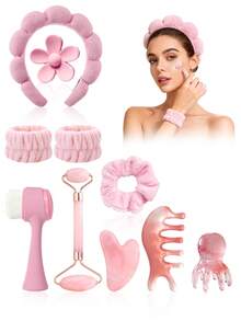 3/5/7/8pcs/Set Girly Daily Skincare & Haircare Tool Kit, Includes Facial Cleansing Brush, Hair Hoop, Hair Scrunchies, Gua Sha Board, Massage Roller, Skincare & Haircare Combo Set, Home Spa & Beauty Care Assortment, Claw Clips