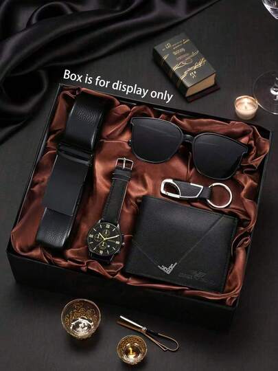 5件套男士商务石英指针单日历PU表带手表，黑色高端腕表套装，适合男士学生和成人
