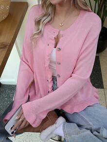 Knit Mix Elegant Women's Cardigan, Thick Knit Sweater Jacket In Romantic French Style For Christmas & New Year, Cute Round Neck Pullover - Pink - View 5