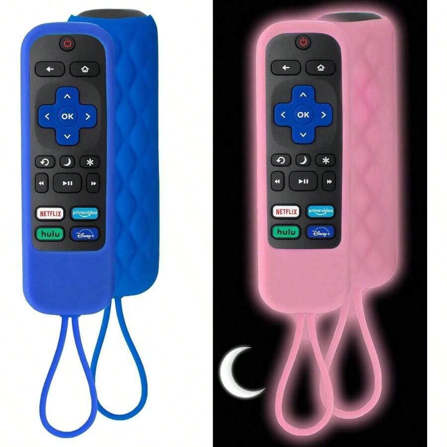 AWYY2 Pack Case For Roku Express/Streaming Stick/Premiere - Silicone Remote Cover For Roku TV Remote Sleeve Skin Smart TV Remote Sleeve With Loop Protective Cover Sea Blue Not Glow + Glow Pink - GlowPinkSeaBluenotglow - View 1