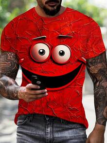 Men's 3D Digital Cartoon Funny Face Print Round Neck Short Sleeve T-Shirt, Casual Polyester Knit Tee, Novelty Streetwear Top For Summer - 彩色 - 查看 2