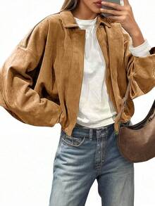 Womens Faux Suede Bomber Jackets Oversized Cropped Zip Up Lapel Coats Fall Casual Outerwears, Fashion LOCV - 棕色 - 查看 1