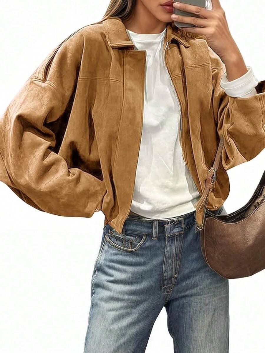 Womens Faux Suede Bomber Jackets Oversized Cropped Zip Up Lapel Coats Fall Casual Outerwears, Fashion LOCV - 棕色 - 查看 1